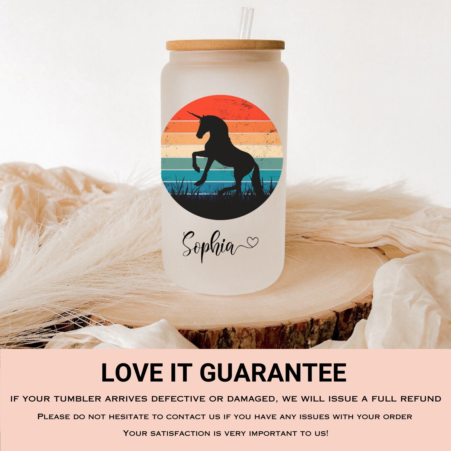 Personalized Unicorn Sunset Glass Cup - Custom Frosted Iced Coffee Tumbler