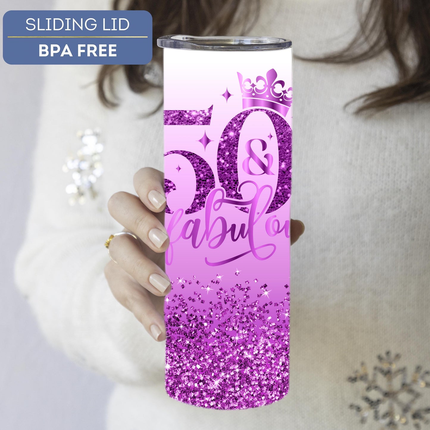50th birthday gift personalized tumbler featuring the phrase 50 and Fabulous perfect for celebrating milestone birthdays for women