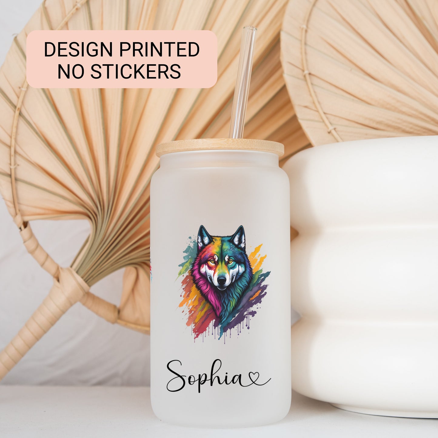 Personalized Wolf Frosted Glass Tumbler - Custom Iced Coffee Cup for Wolf Lovers