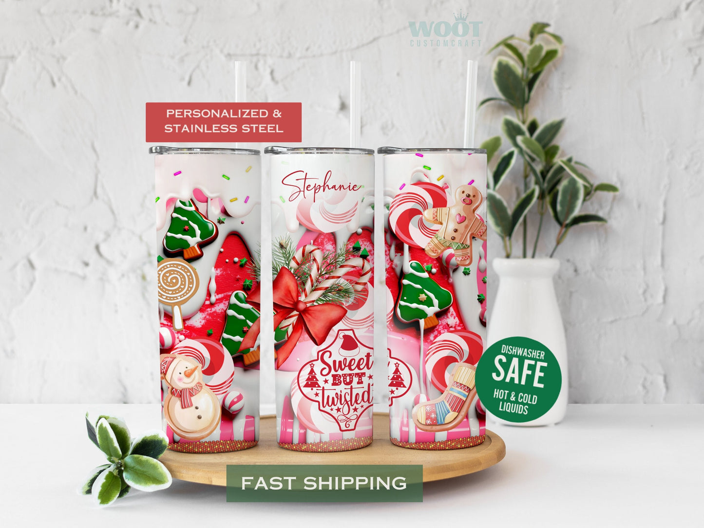 Three tumblers are showing all sides of a Christmas Holiday Tumbler. There is Candy Cane, Gingerbread, a text that says Sweet but Twisted Candy Cane, and the personalized name on the top of the tumbler where there are sweet drips.