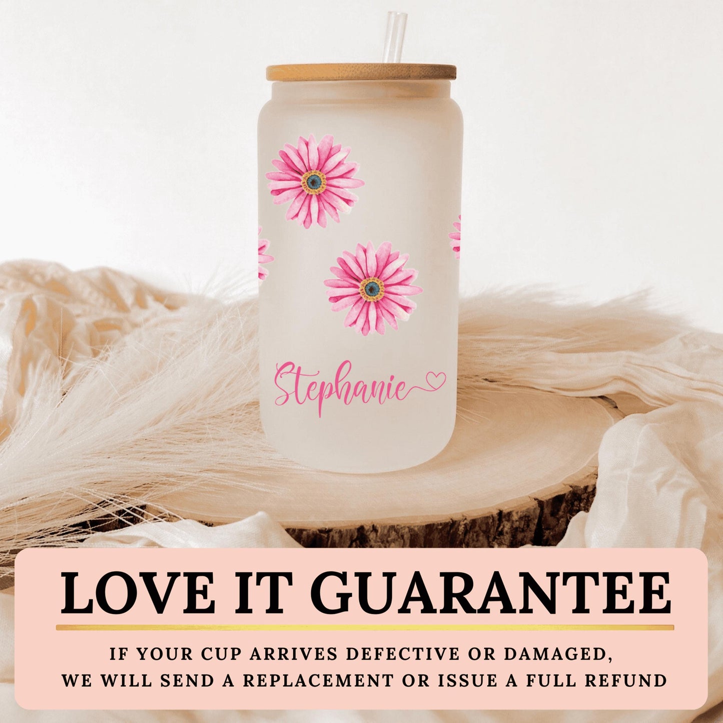 Custom daisy frosted glass cup designed for floral enthusiasts looking for a stylish and unique drinkware option