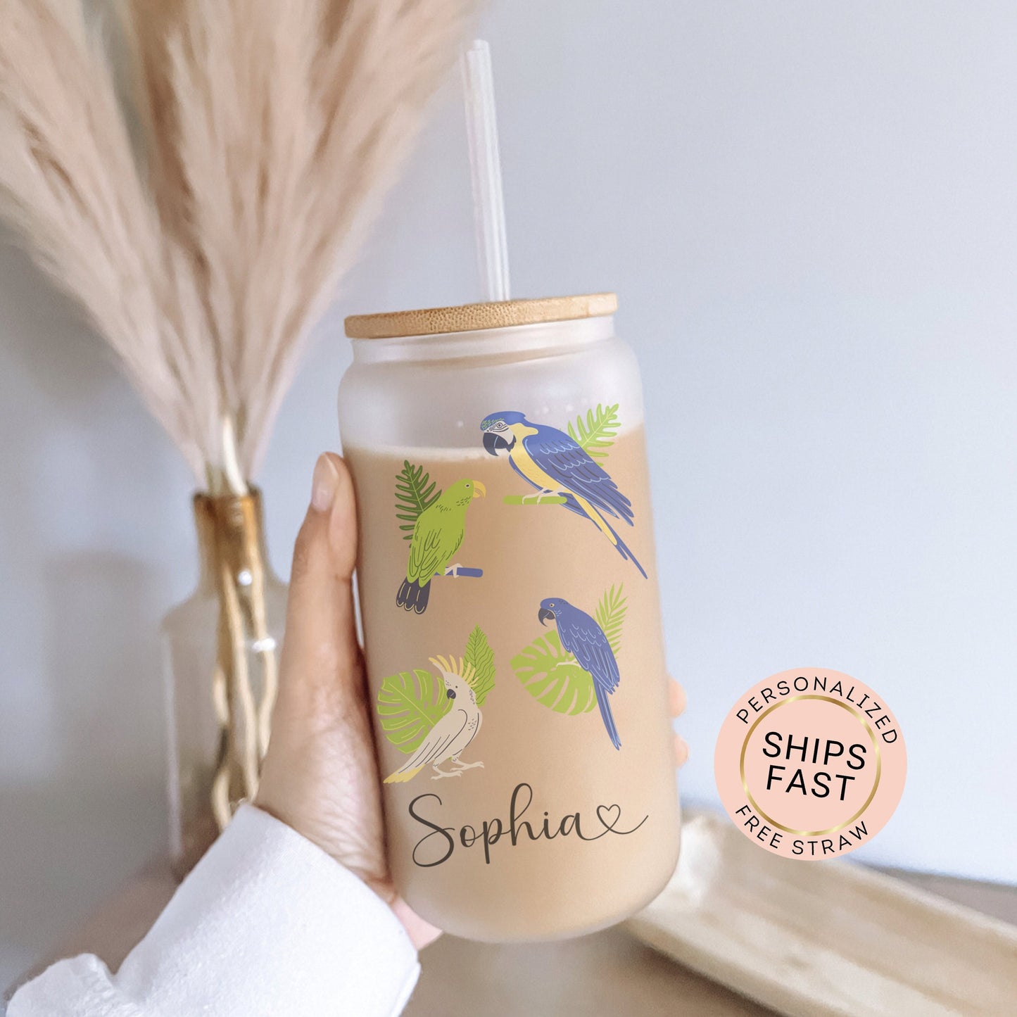 Personalized Parrot Frosted Glass Tumbler - Custom Tropical Iced Coffee Cup for Bird Lovers