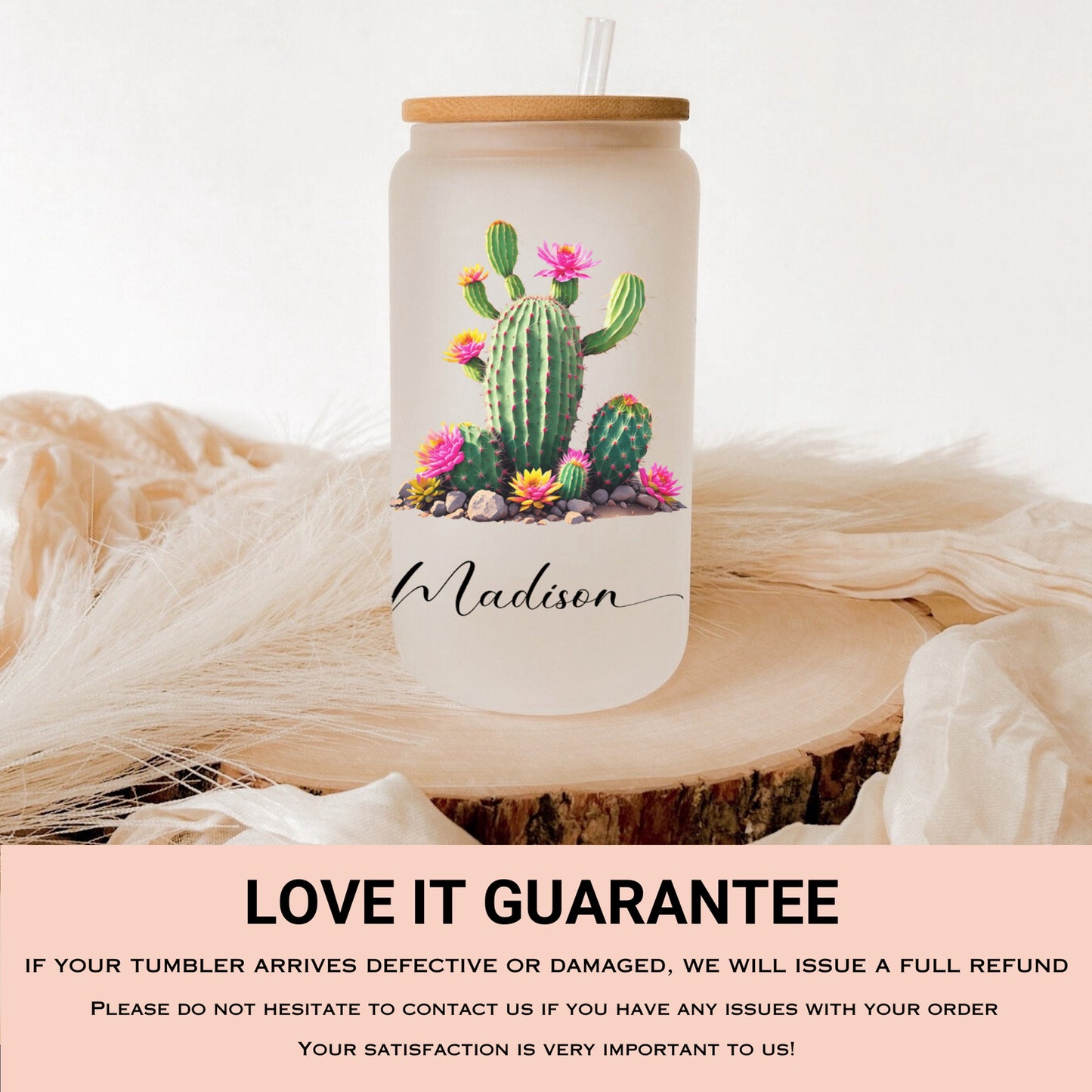 Personalized Cactus Frosted Glass Cup - Custom Tumbler for Iced Coffee Lovers