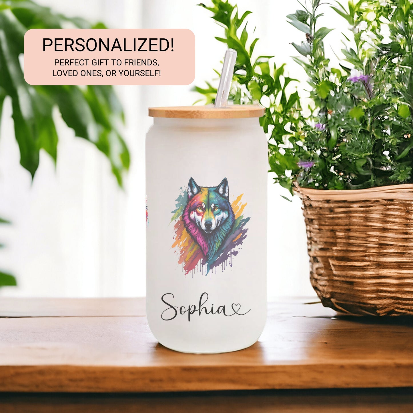 Personalized Wolf Frosted Glass Tumbler - Custom Iced Coffee Cup for Wolf Lovers