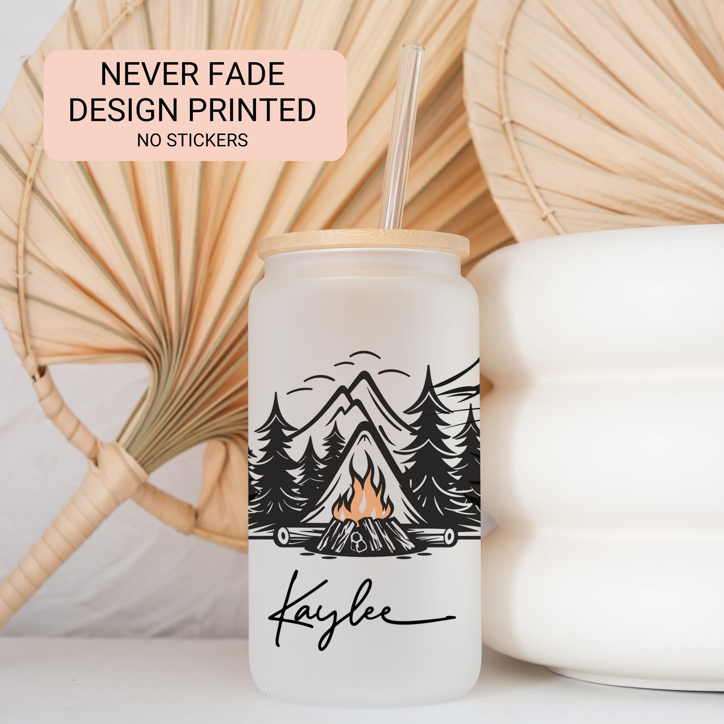 Personalized Camping Frosted Glass Tumbler - Custom Cup for Outdoor & Coffee Lovers