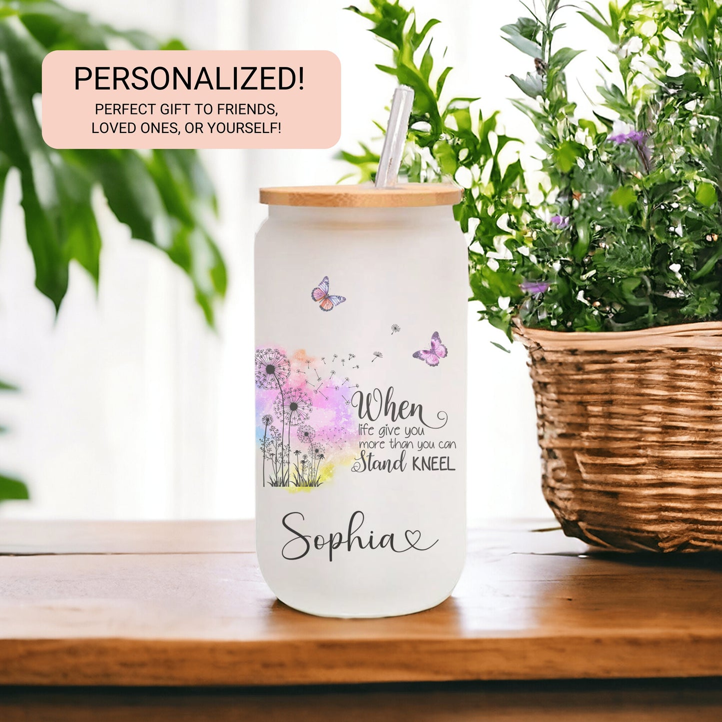 Personalized Butterfly Glass Tumbler - Custom Frosted Coffee Cup with Dandelion Design