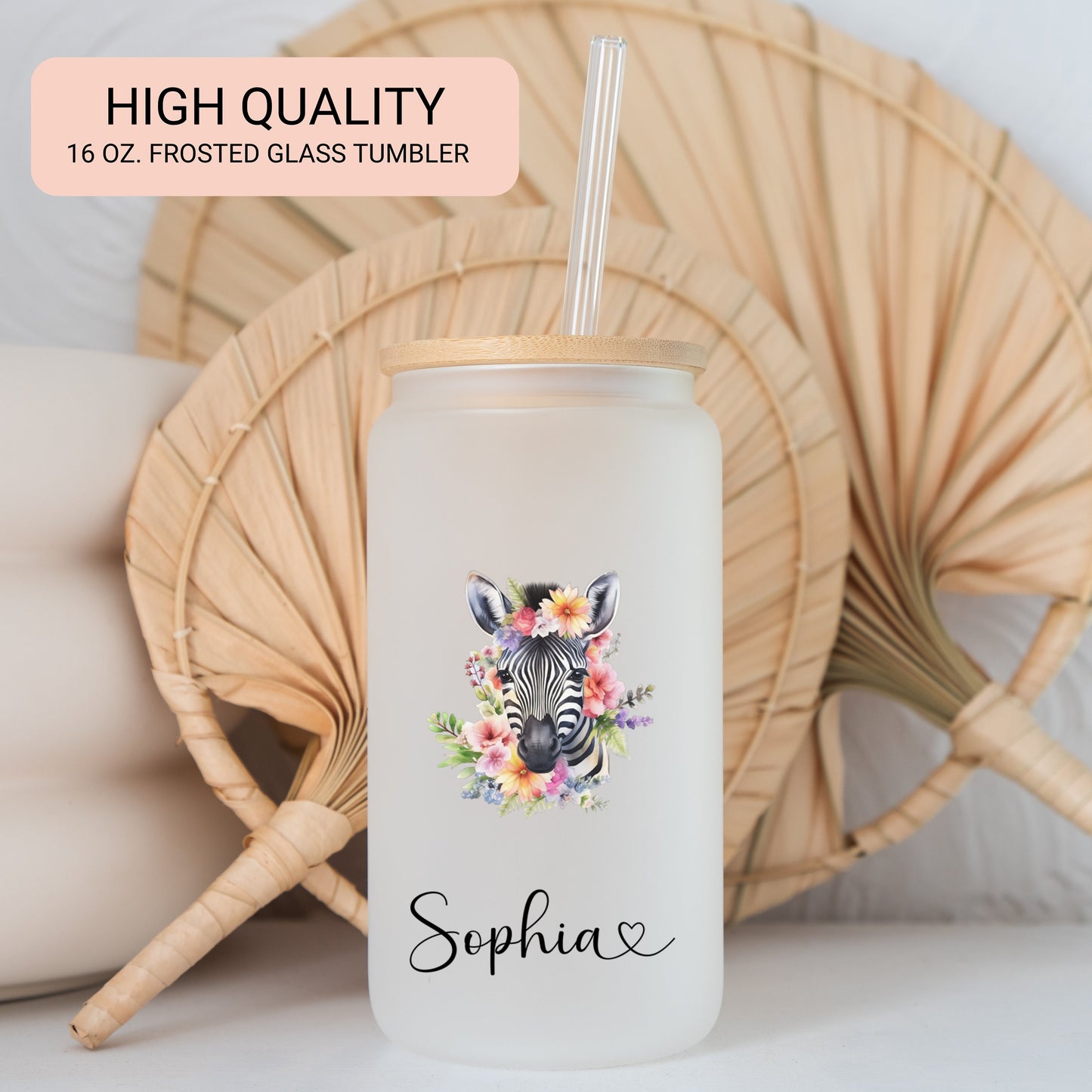 Personalized Zebra Frosted Glass Cup - Custom Iced Coffee Tumbler for Lovers