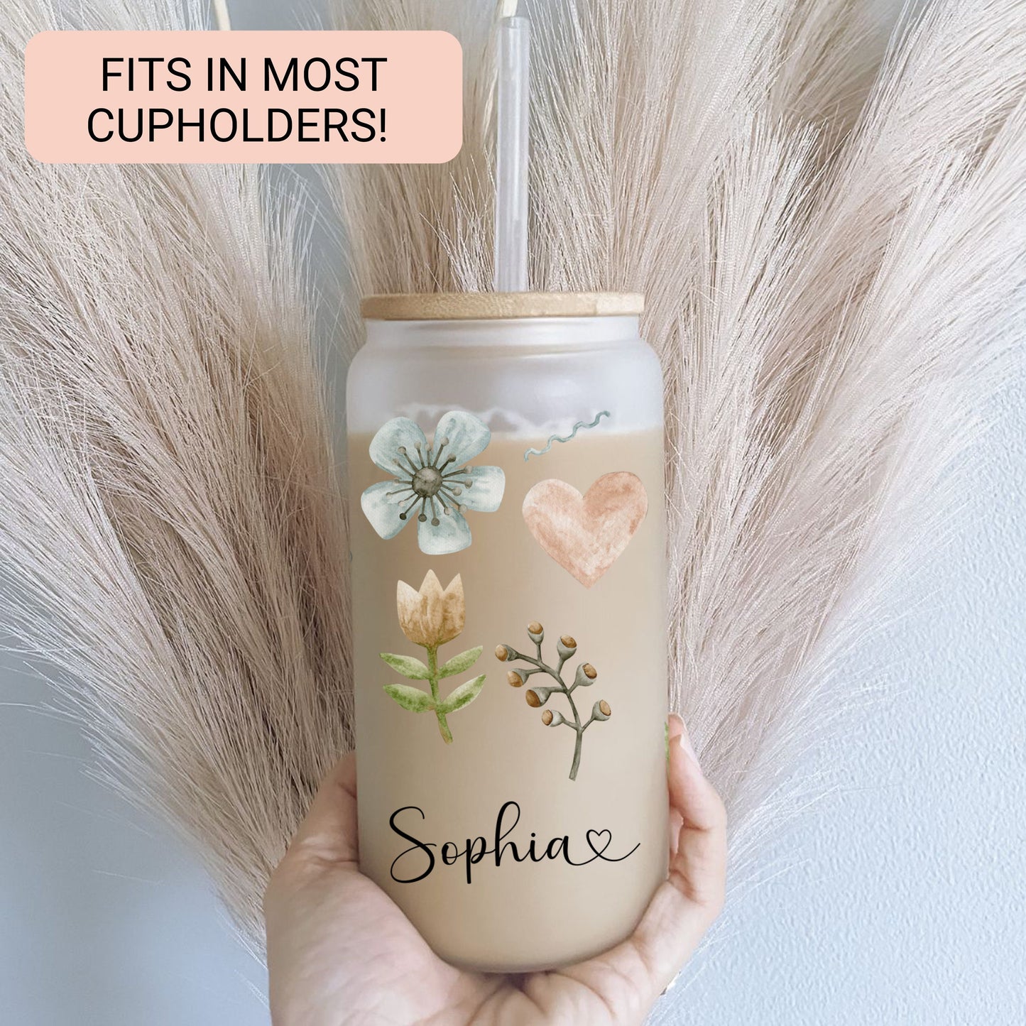 Custom Modern Floral Frosted Glass Tumbler - Stylish Iced Coffee Cup