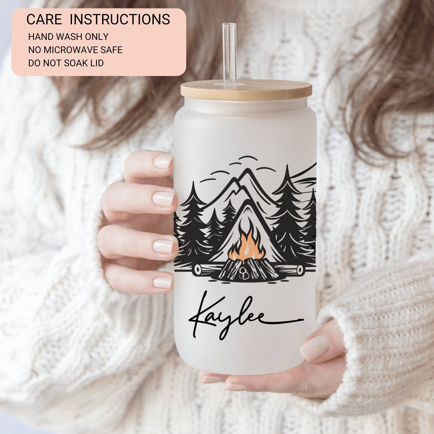 Personalized Camping Frosted Glass Tumbler - Custom Cup for Outdoor & Coffee Lovers