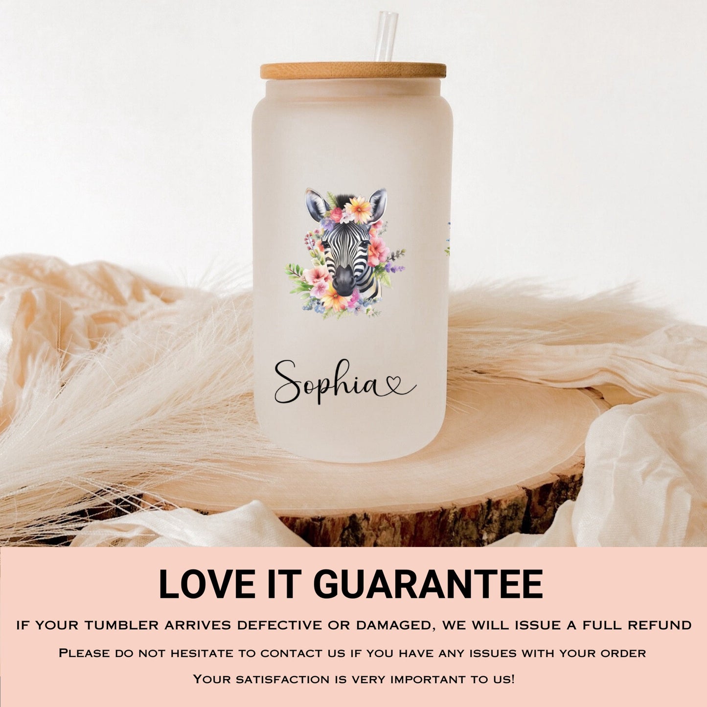 Personalized Zebra Frosted Glass Cup - Custom Iced Coffee Tumbler for Lovers
