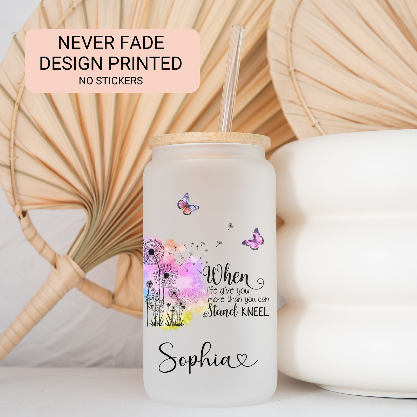 Personalized Butterfly Glass Tumbler - Custom Frosted Coffee Cup with Dandelion Design