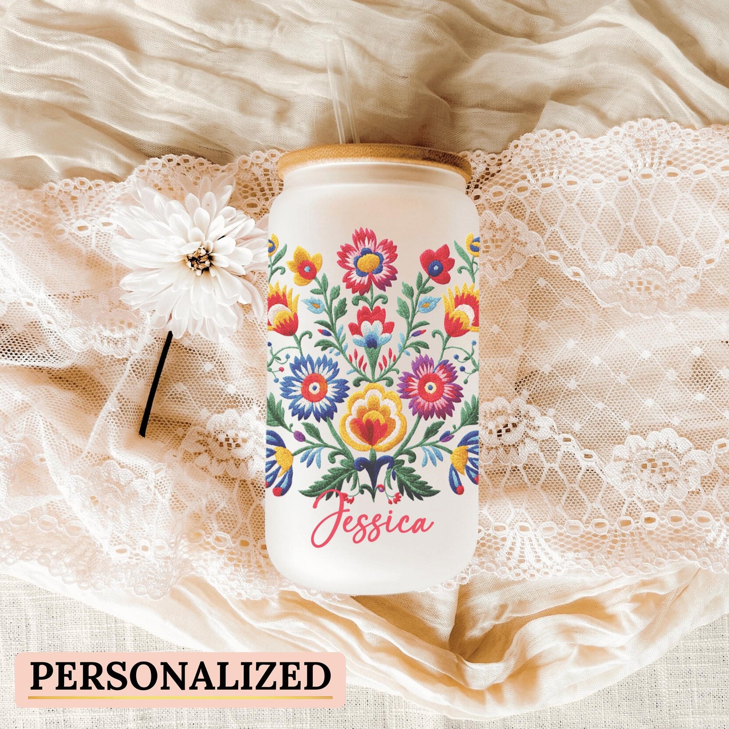 Custom iced coffee glass cup with delicate flowers ideal for trendy moms who love stylish drinkware