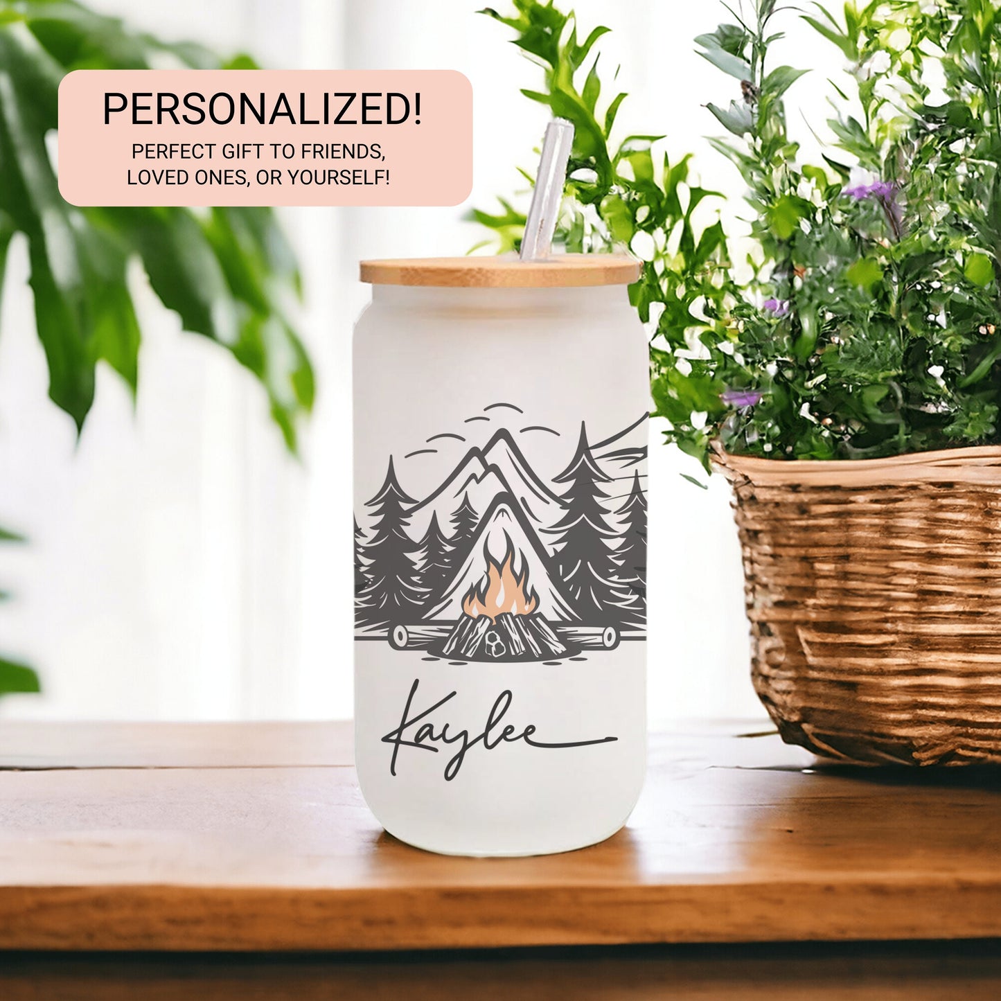 Personalized Camping Frosted Glass Tumbler - Custom Cup for Outdoor & Coffee Lovers