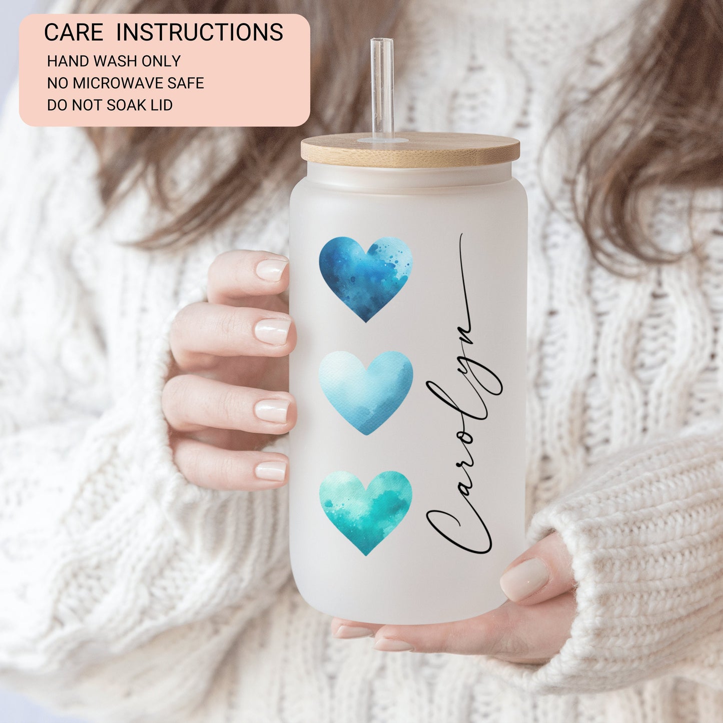 Personalized Blue Heart Glass Cup - Custom Frosted Tumbler for Iced Coffee Lovers