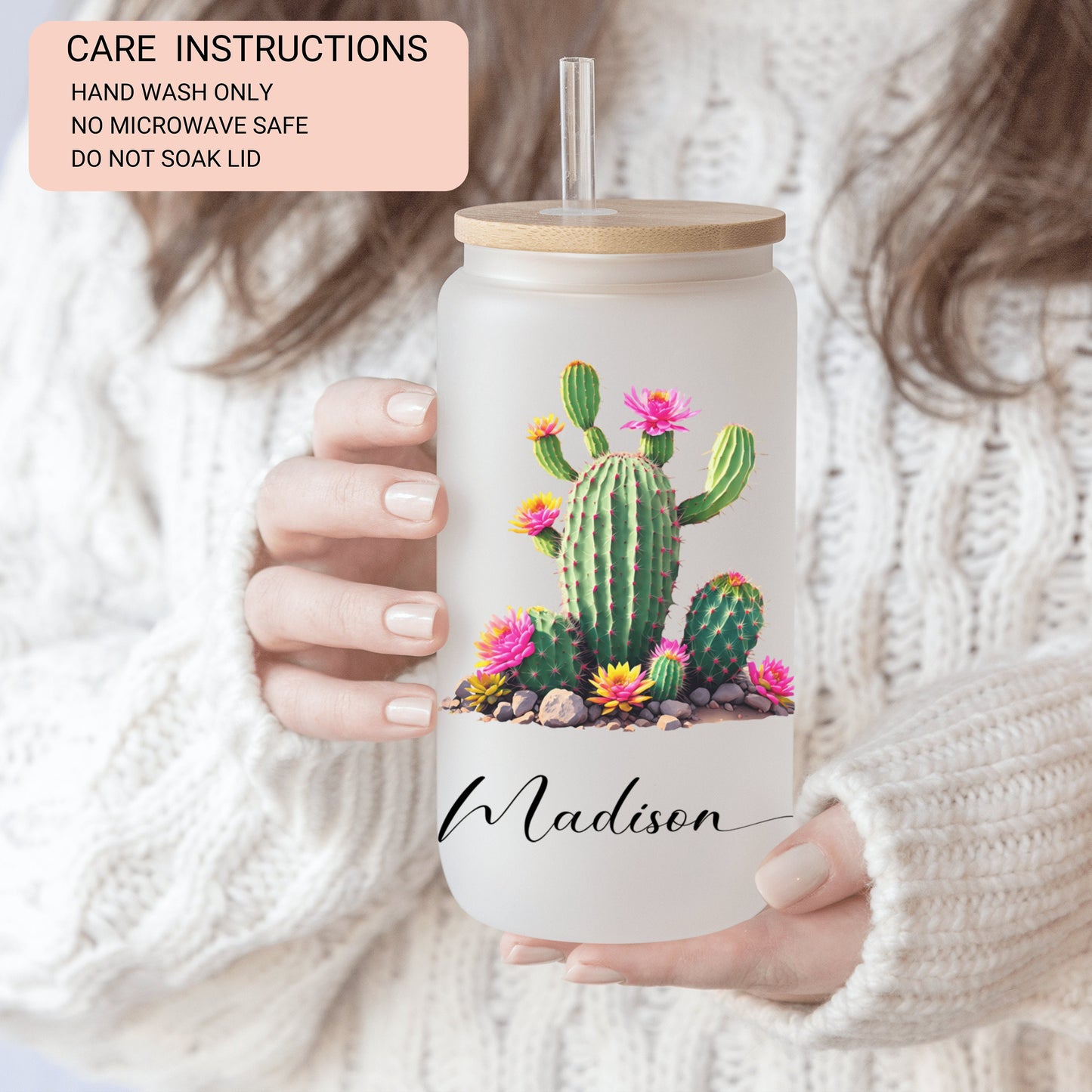Personalized Cactus Frosted Glass Cup - Custom Tumbler for Iced Coffee Lovers