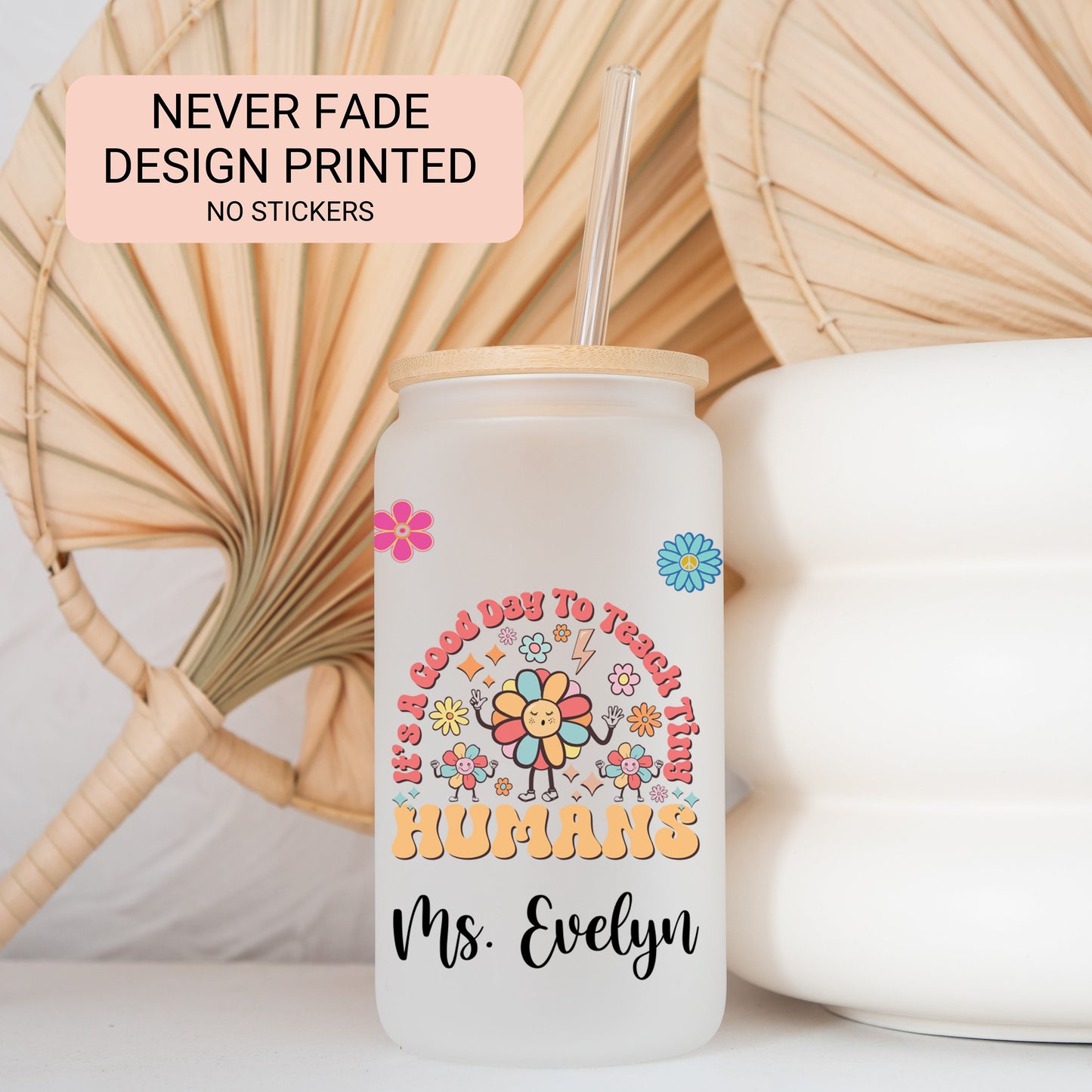 Personalized Teacher Frosted Glass Tumbler - Iced Coffee Cup for Tiny Humans