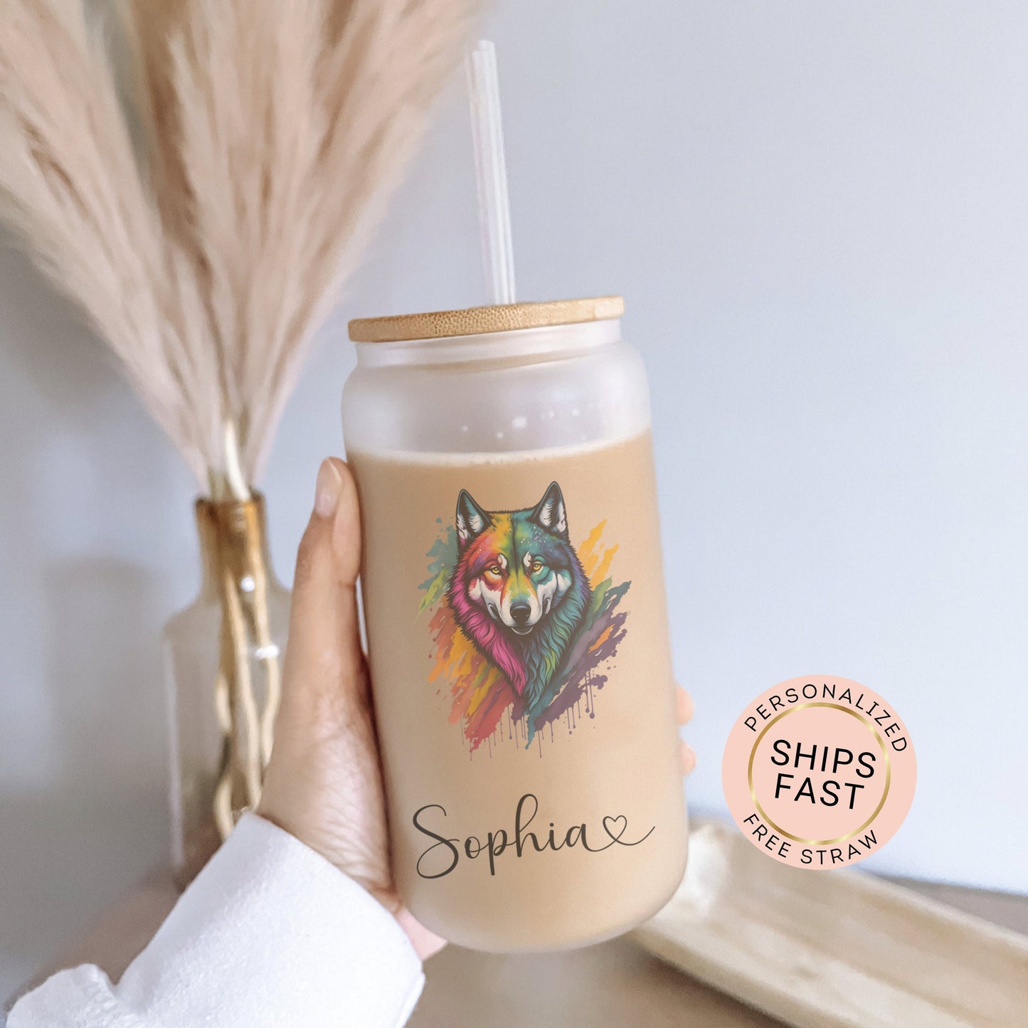 Personalized Wolf Frosted Glass Tumbler - Custom Iced Coffee Cup for Wolf Lovers