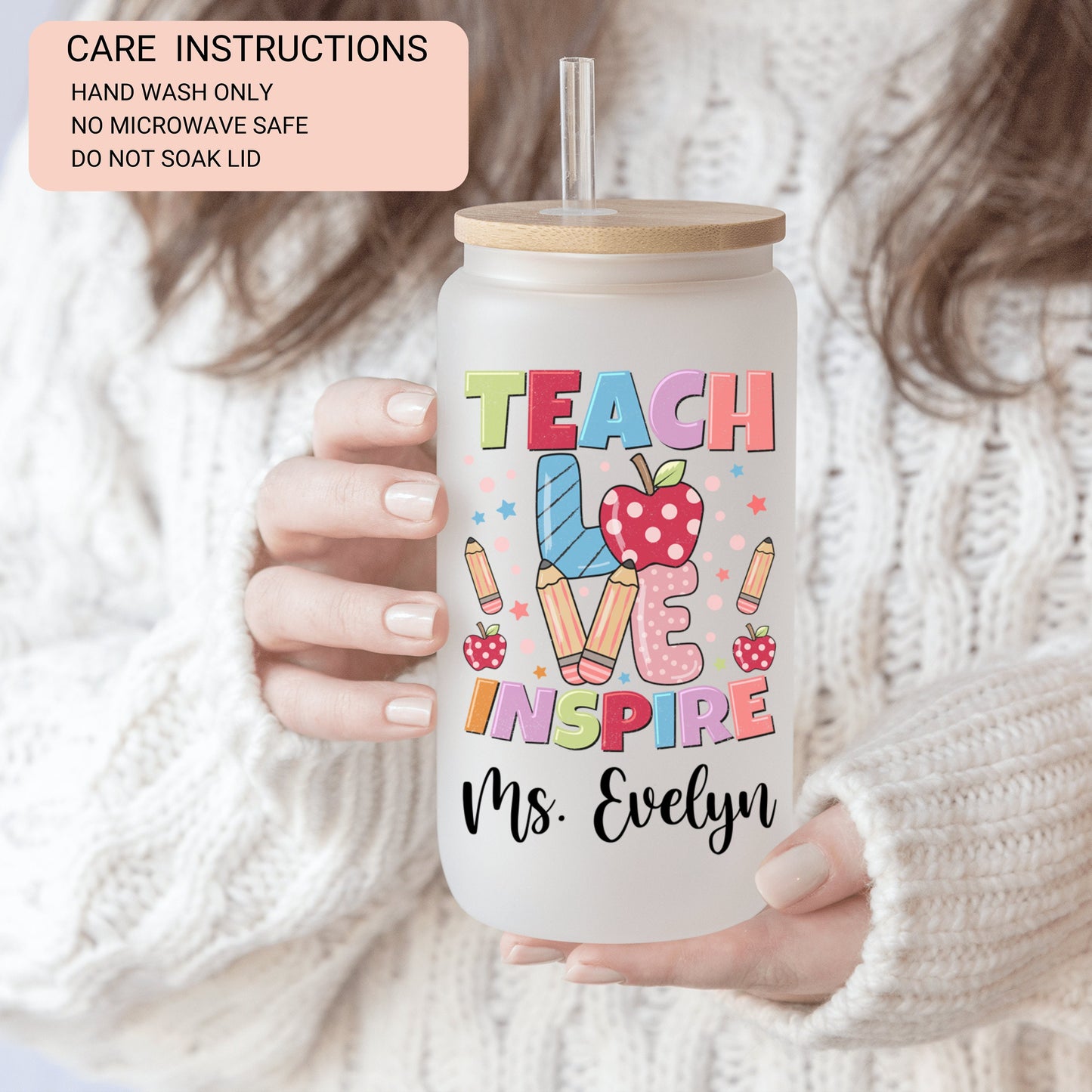 Personalized Teacher Cup - Custom Glass Tumbler for Iced Coffee Gift