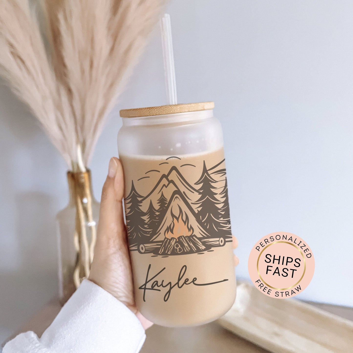 Personalized Camping Frosted Glass Tumbler - Custom Cup for Outdoor & Coffee Lovers