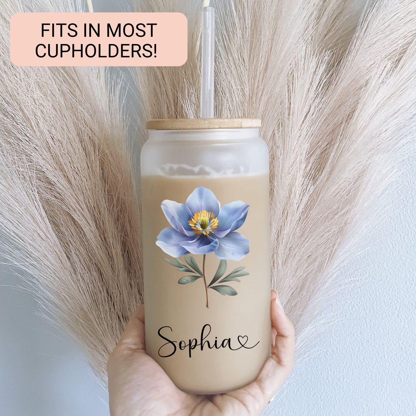Personalized Wildflower Frosted Glass Cup - Custom Iced Coffee Tumbler