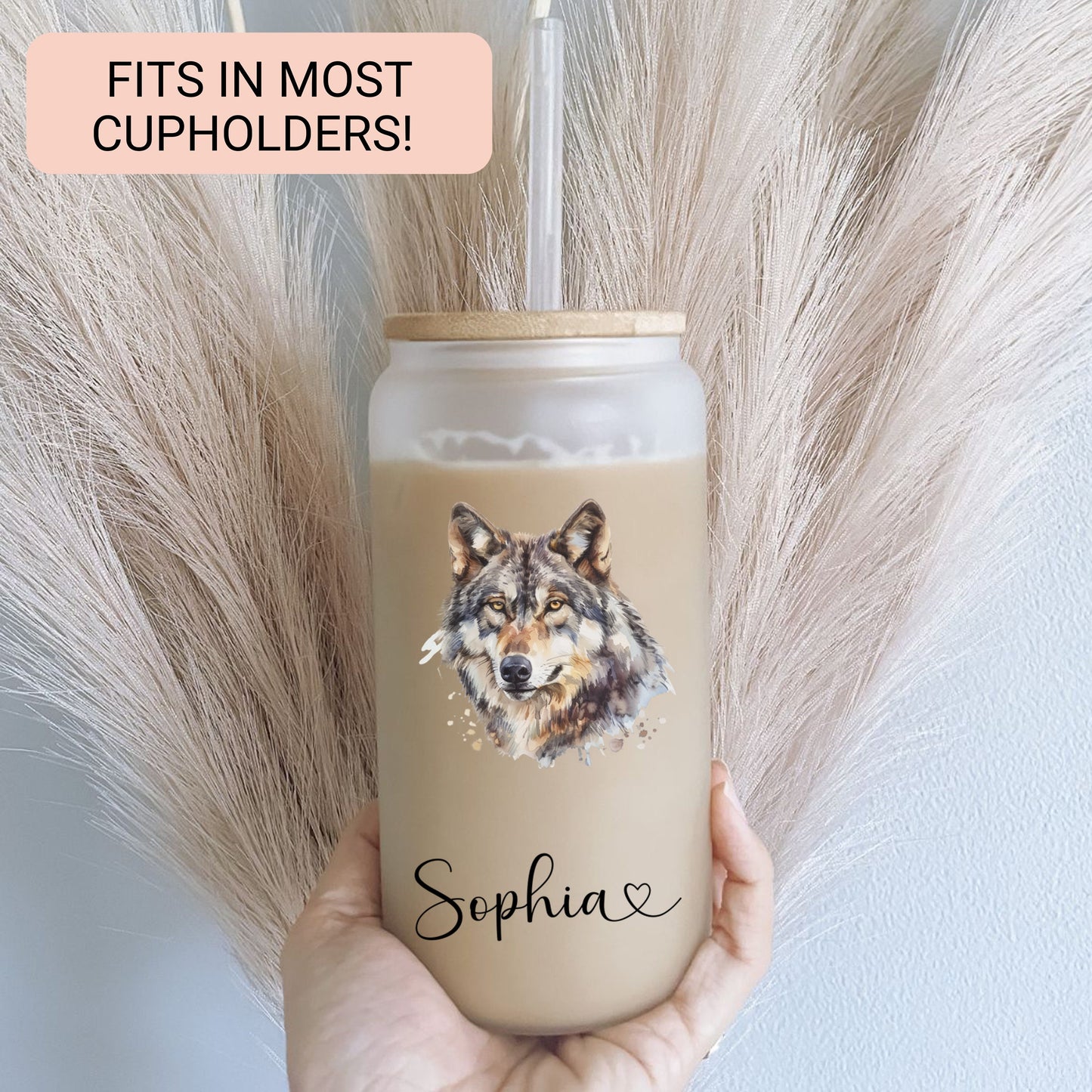 Personalized Frosted Wolf Glass Cup - Custom Iced Coffee Tumbler