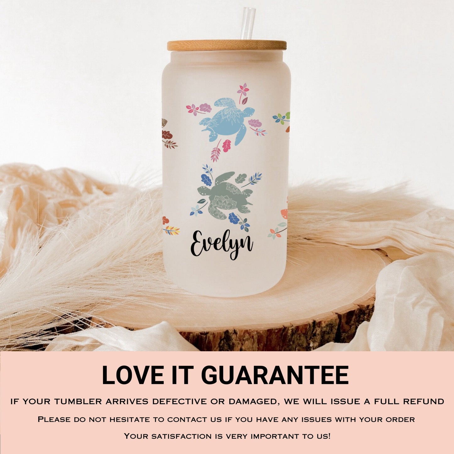 Personalized Mandala Turtle Frosted Glass Cup - Tumbler Gift for Turtle Lovers