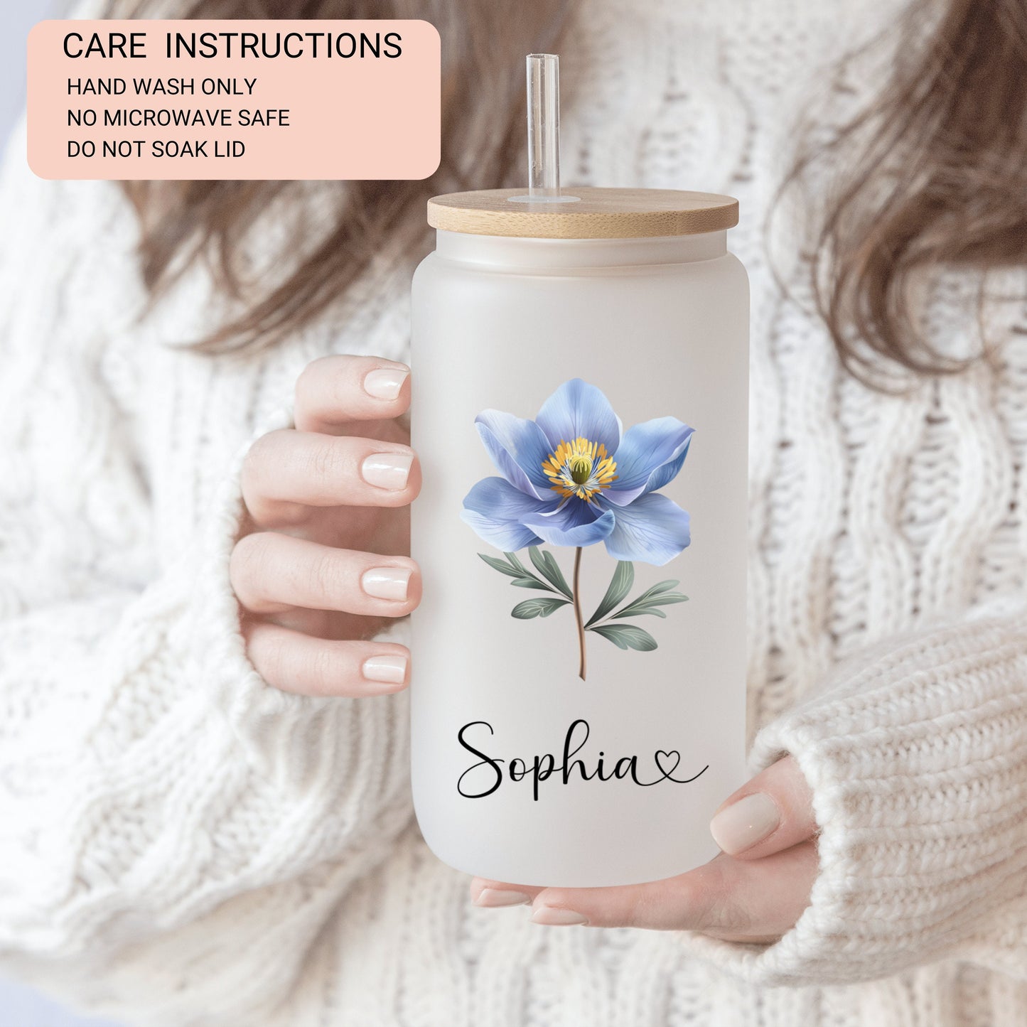 Personalized Wildflower Frosted Glass Cup - Custom Iced Coffee Tumbler