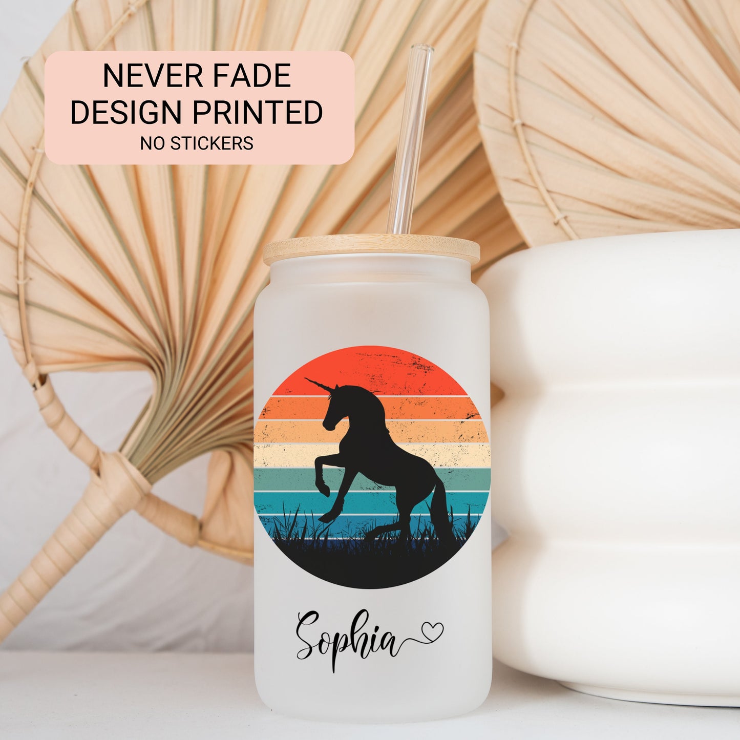 Personalized Unicorn Sunset Glass Cup - Custom Frosted Iced Coffee Tumbler