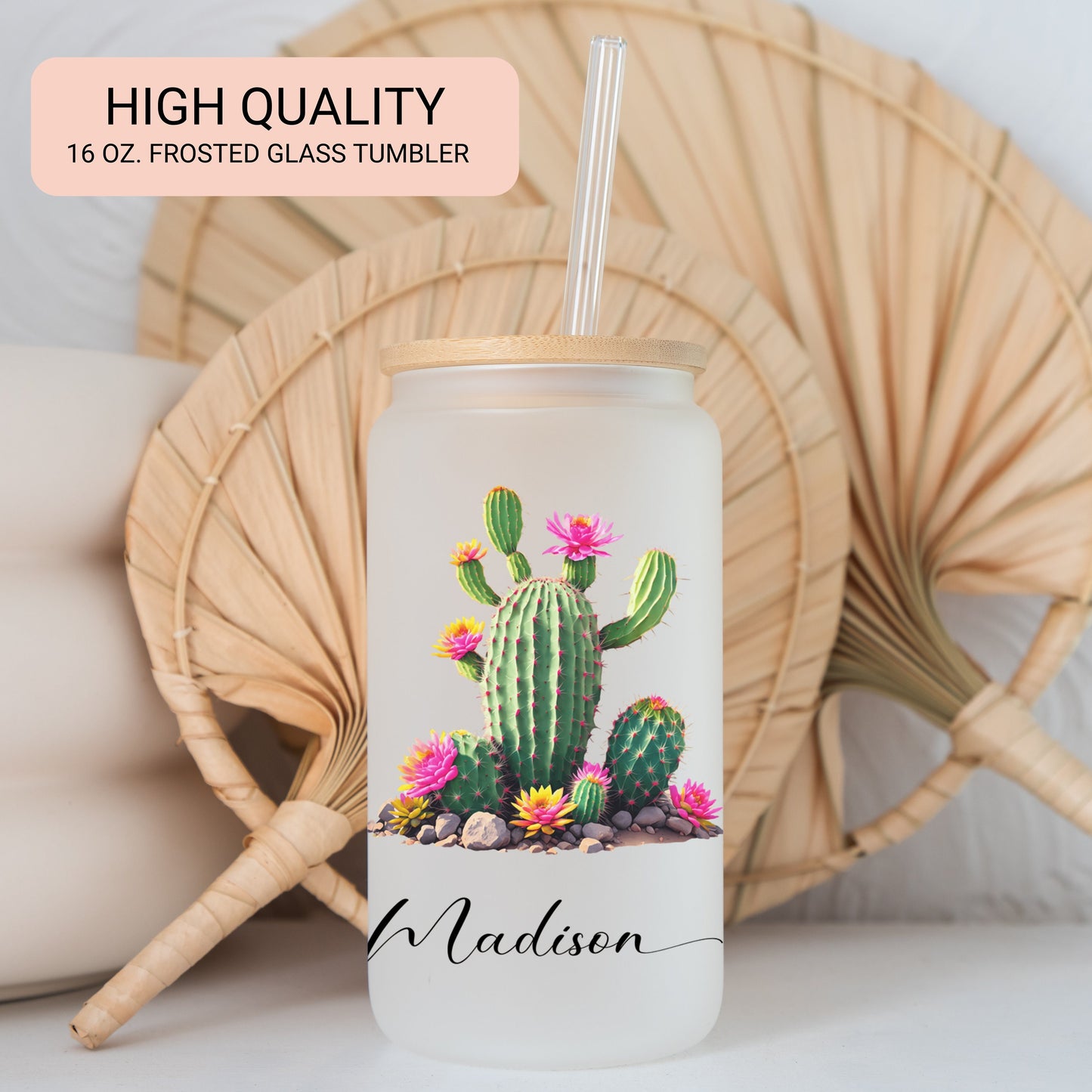 Personalized Cactus Frosted Glass Cup - Custom Tumbler for Iced Coffee Lovers
