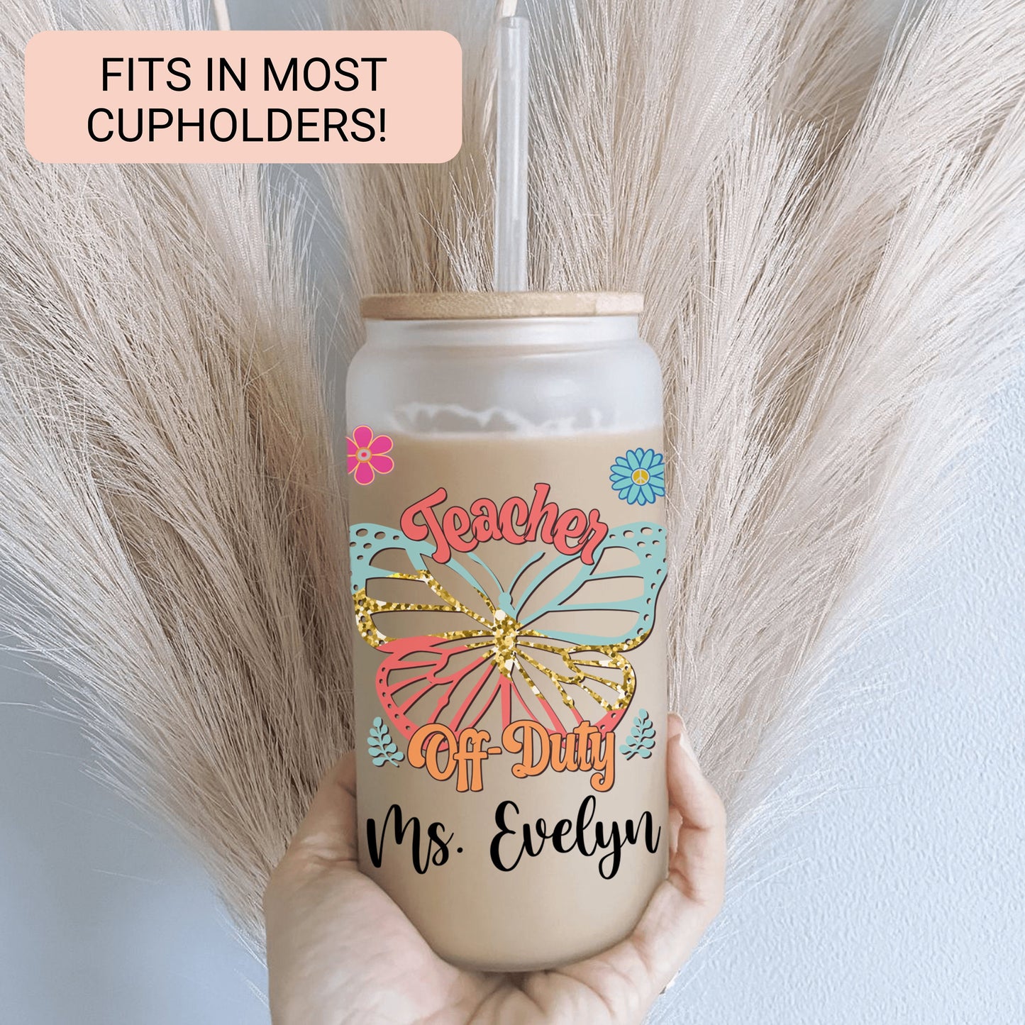 Personalized Teacher Frosted Glass Cup - Butterfly Design Iced Coffee Gift
