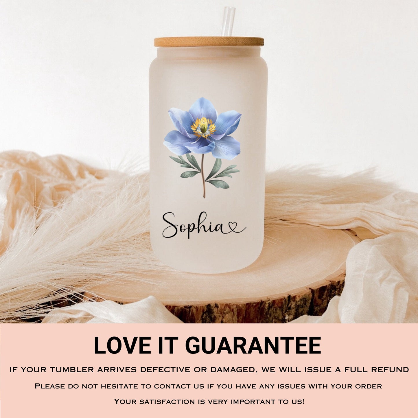 Personalized Wildflower Frosted Glass Cup - Custom Iced Coffee Tumbler
