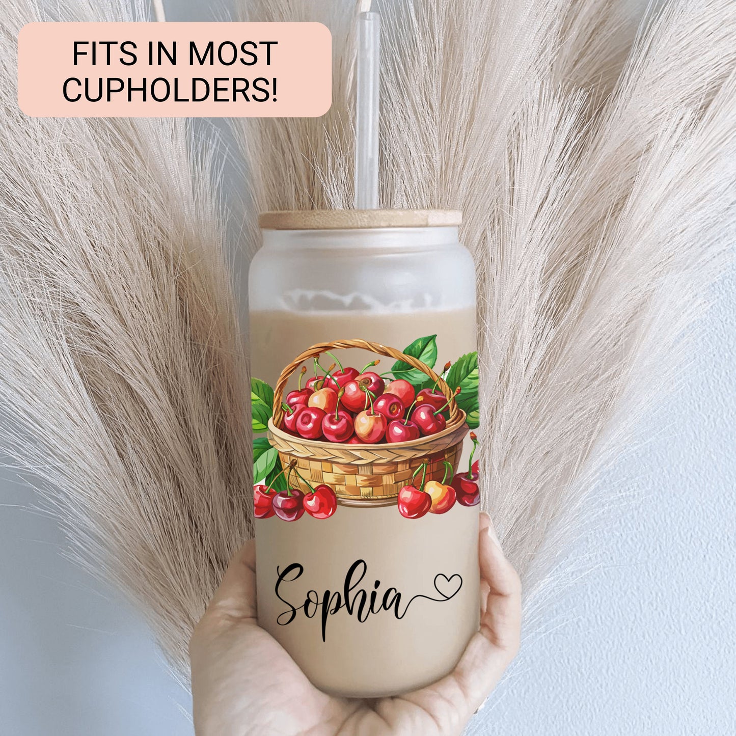 Personalized Cherry Glass Tumbler - Custom Frosted Cup for Iced Coffee Lovers