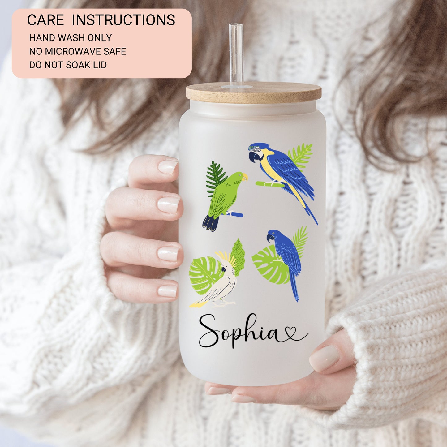 Personalized Parrot Frosted Glass Tumbler - Custom Tropical Iced Coffee Cup for Bird Lovers