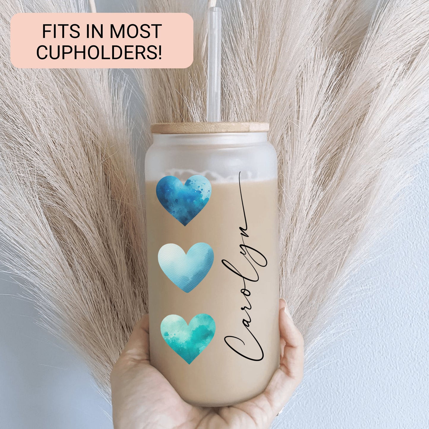 Personalized Blue Heart Glass Cup - Custom Frosted Tumbler for Iced Coffee Lovers
