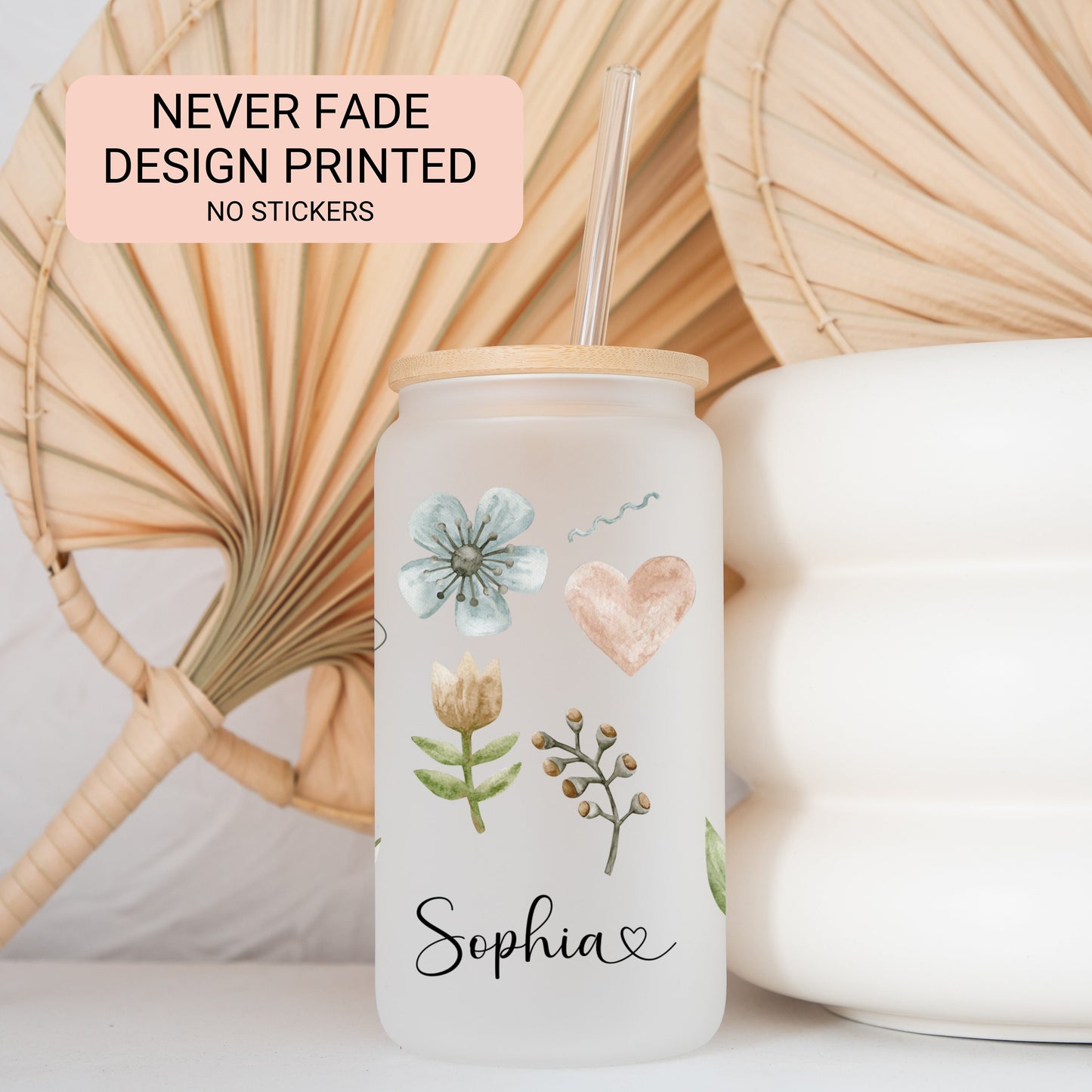 Custom Modern Floral Frosted Glass Tumbler - Stylish Iced Coffee Cup