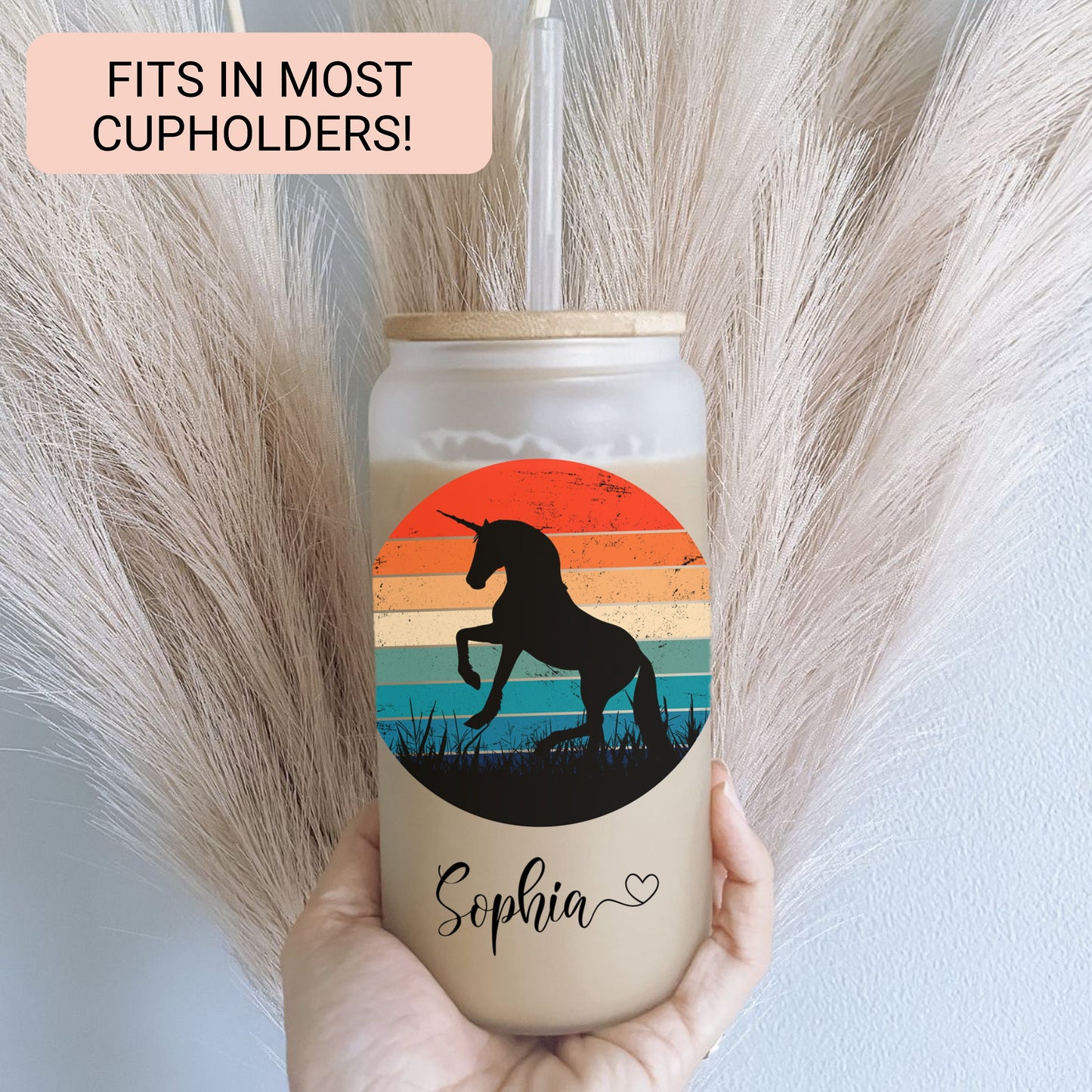 Personalized Unicorn Sunset Glass Cup - Custom Frosted Iced Coffee Tumbler