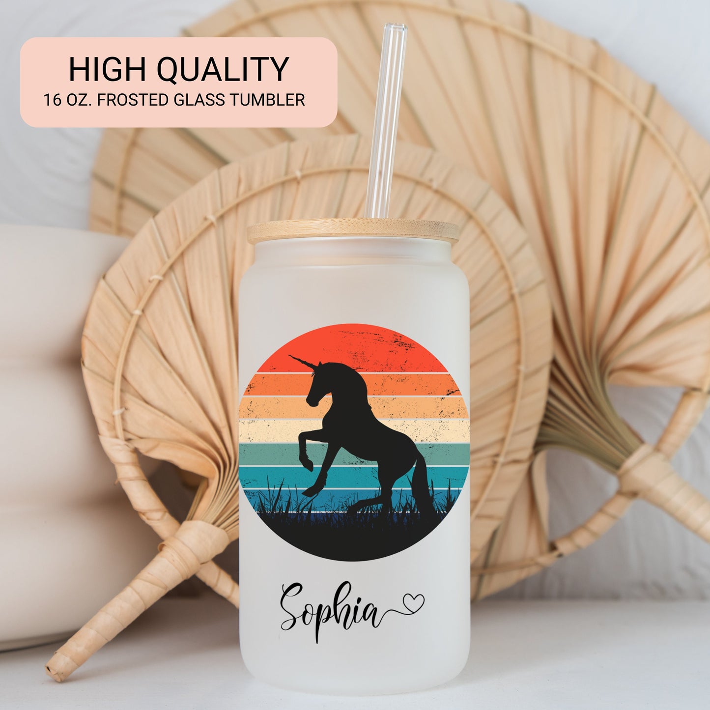 Personalized Unicorn Sunset Glass Cup - Custom Frosted Iced Coffee Tumbler