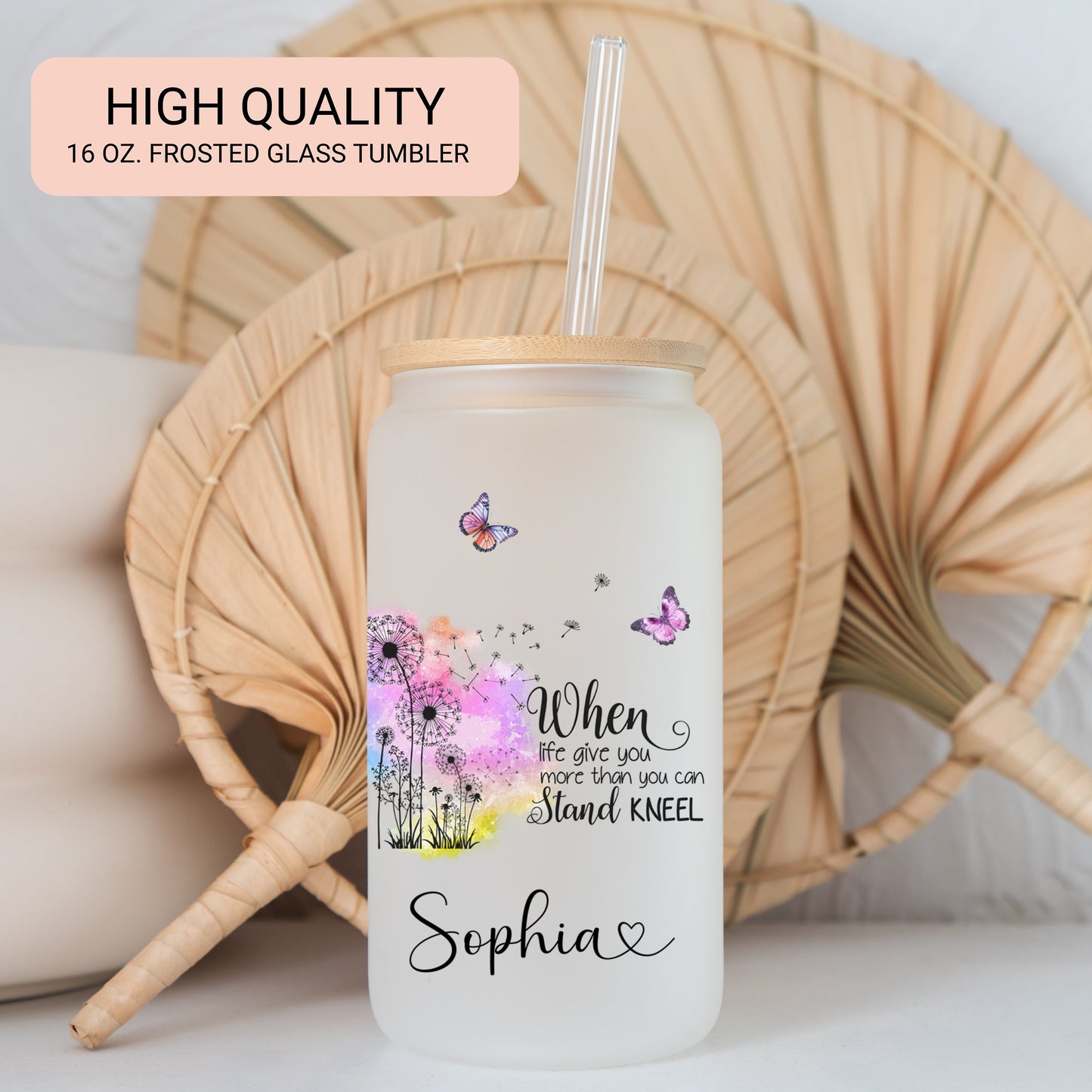Personalized Butterfly Glass Tumbler - Custom Frosted Coffee Cup with Dandelion Design