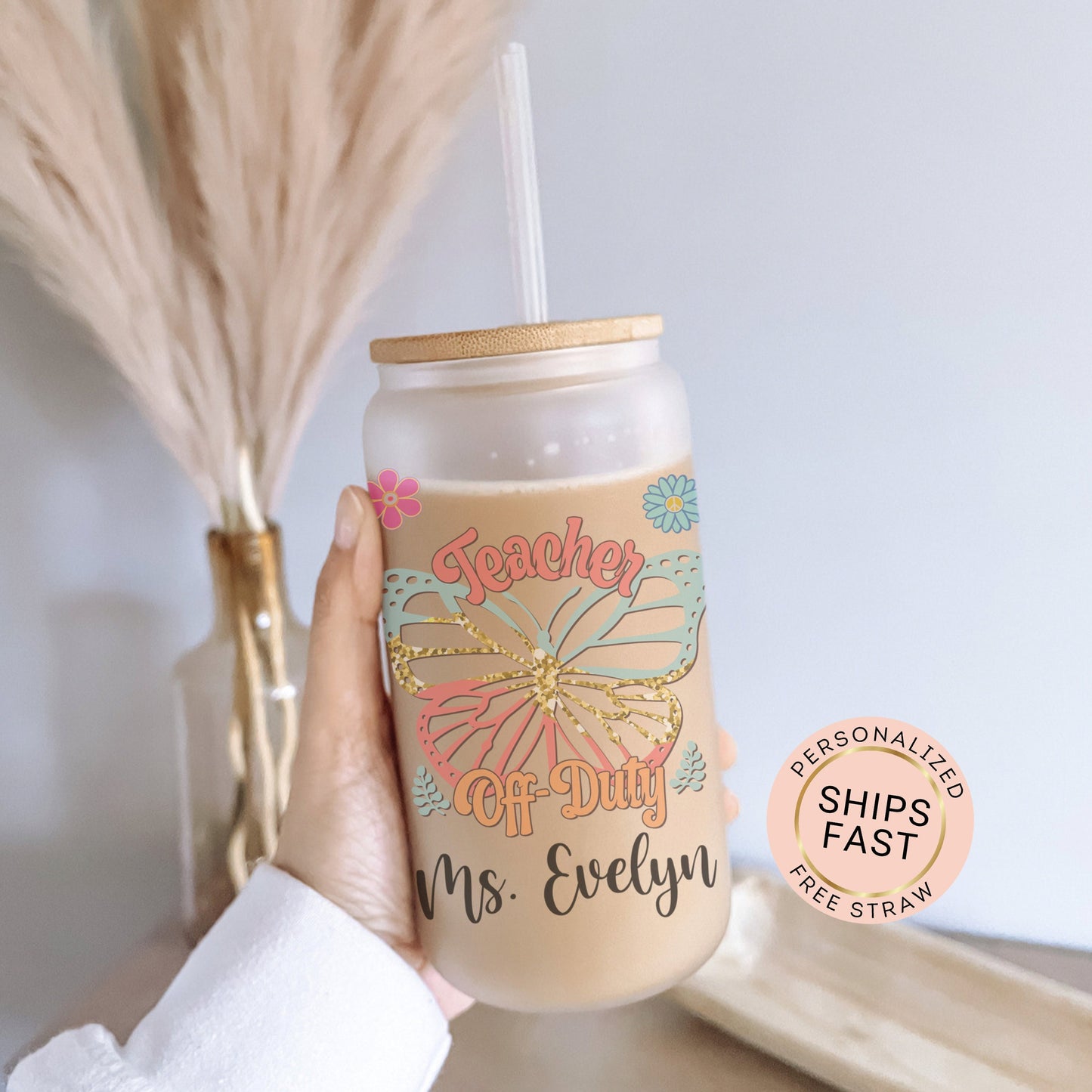Personalized Teacher Frosted Glass Cup - Butterfly Design Iced Coffee Gift