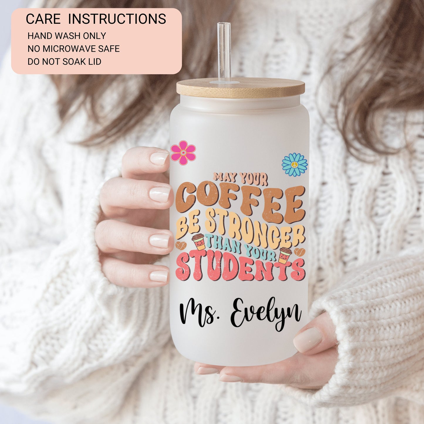 Personalized Frosted Glass Teacher Tumbler - Custom Iced Coffee Cup for Educators