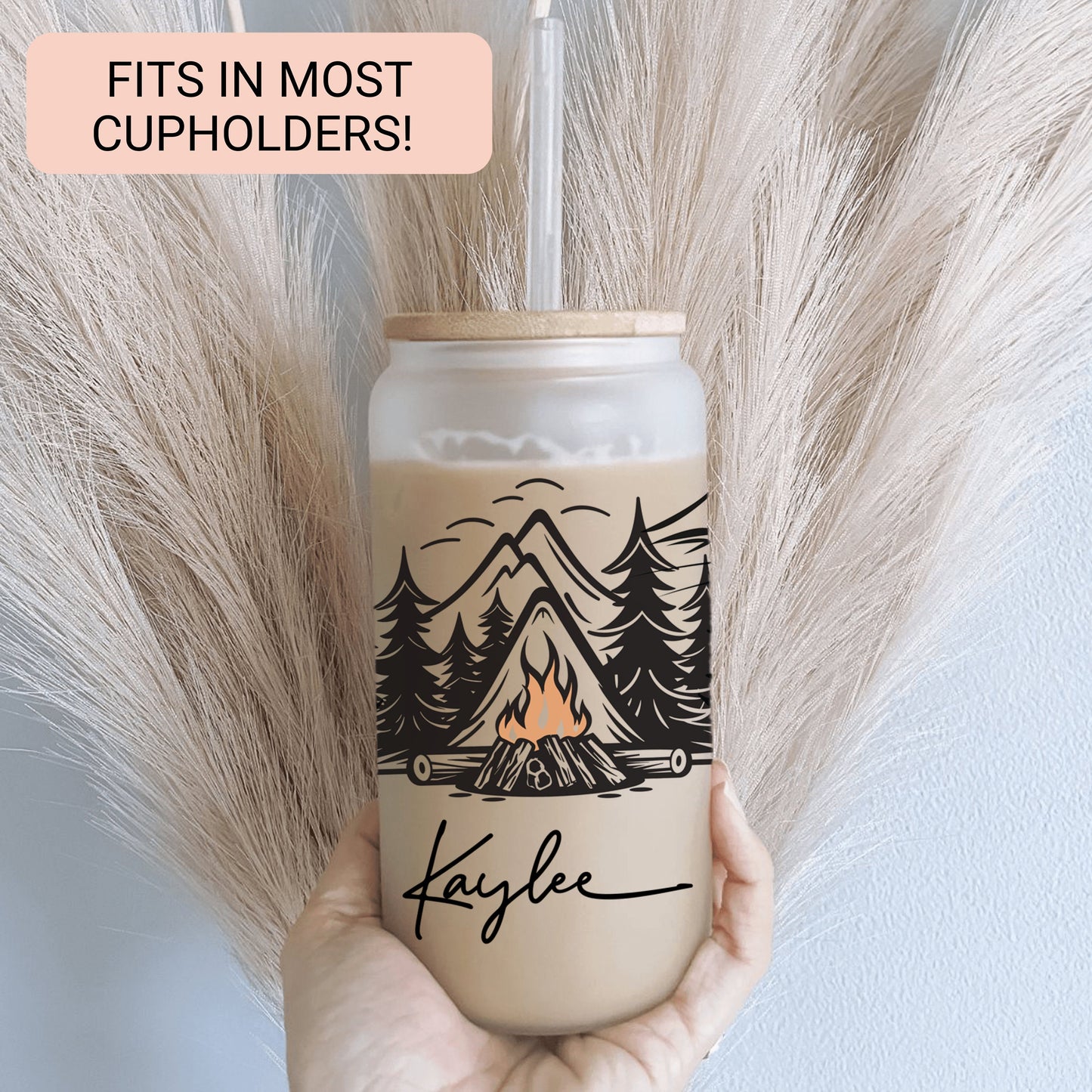Personalized Camping Frosted Glass Tumbler - Custom Cup for Outdoor & Coffee Lovers