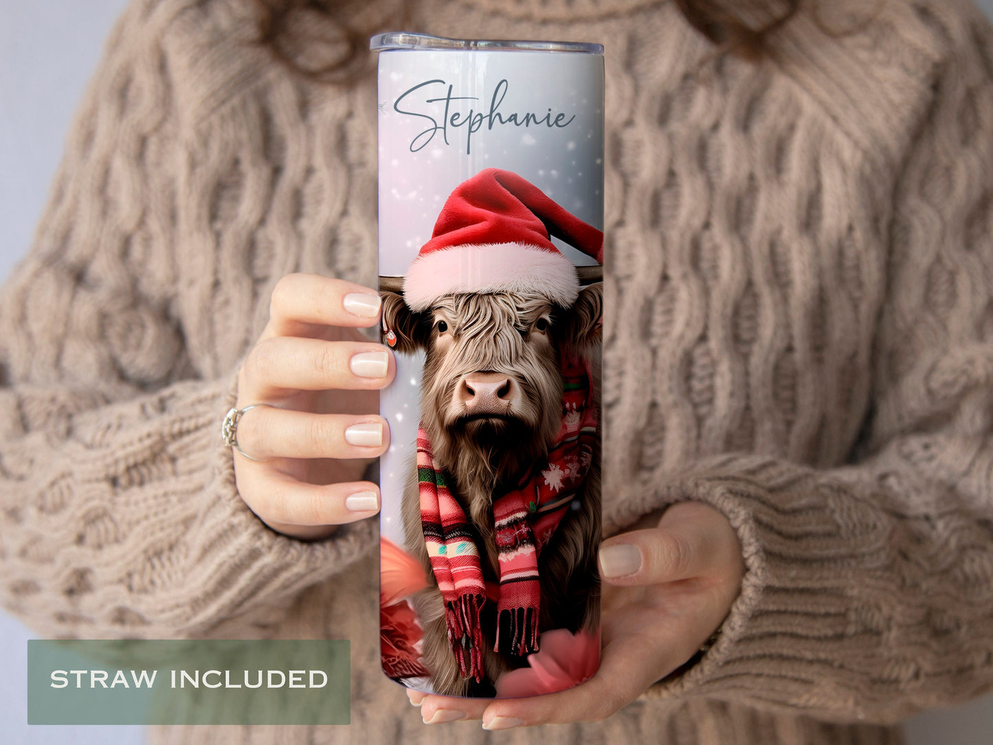 Personalized Christmas Highland Cow Tumbler - Winter Gift for Cow Lovers