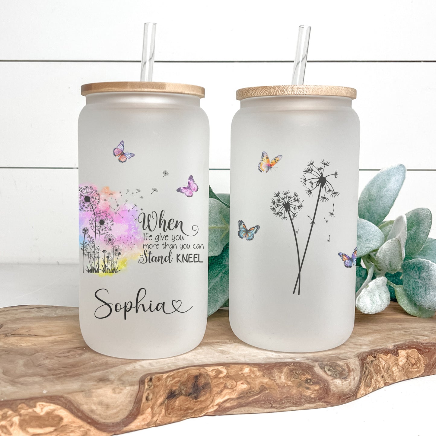 Personalized Butterfly Glass Tumbler - Custom Frosted Coffee Cup with Dandelion Design