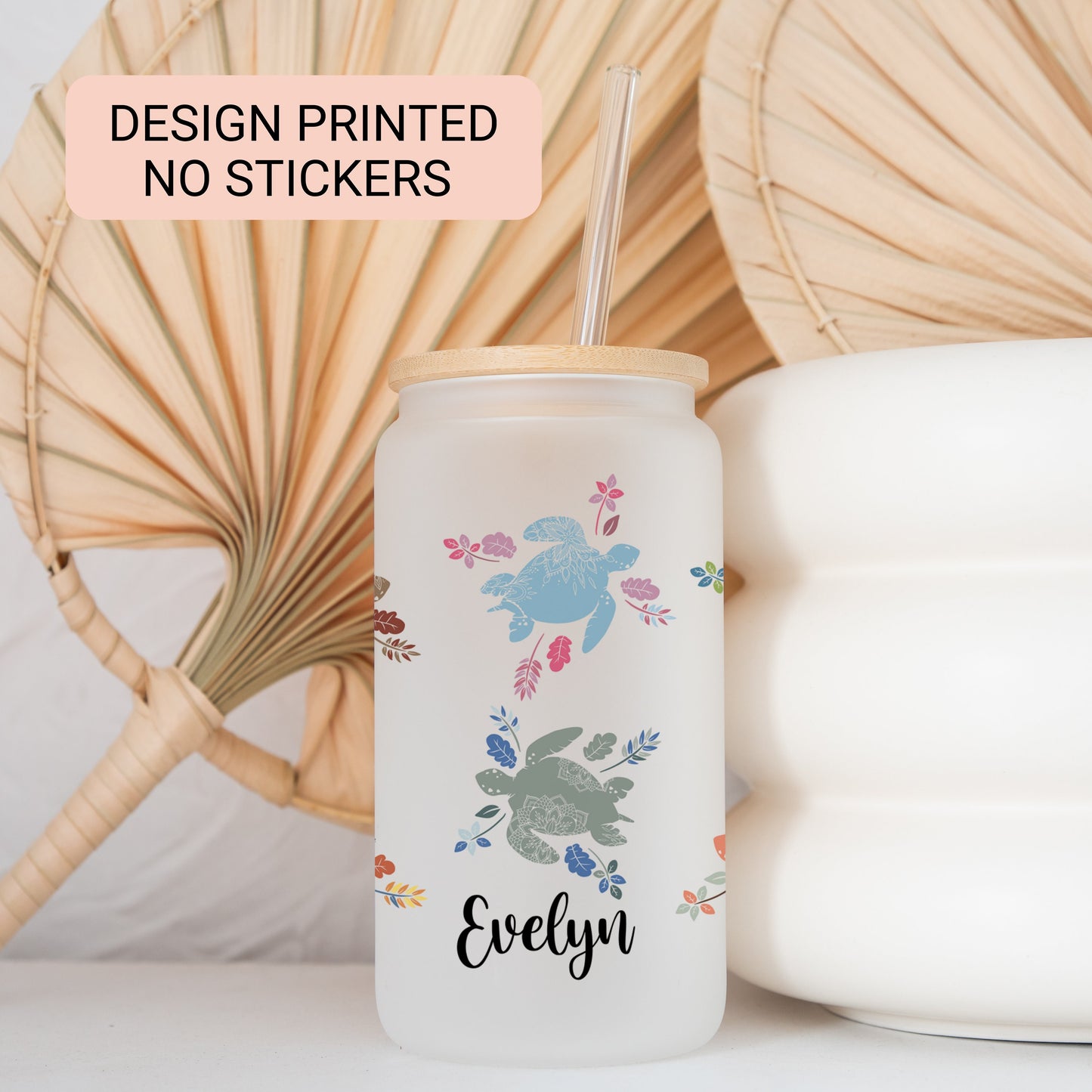 Personalized Mandala Turtle Frosted Glass Cup - Tumbler Gift for Turtle Lovers