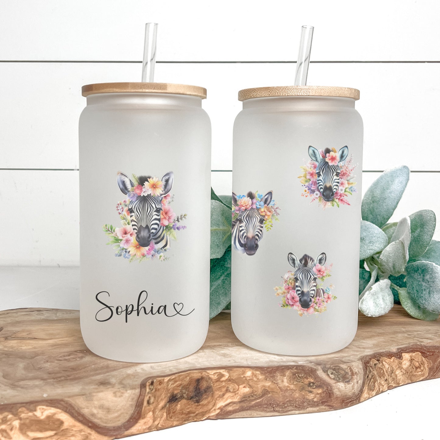 Personalized Zebra Frosted Glass Cup - Custom Iced Coffee Tumbler for Lovers