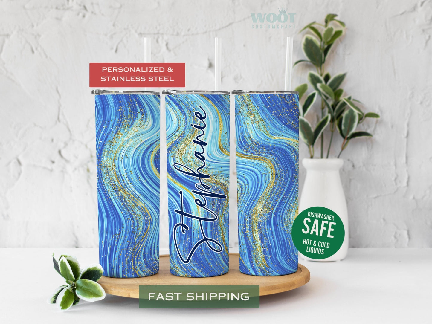 Personalized Blue Glitter Swirl Tumbler - Mothers Day or Bridesmaid Gift