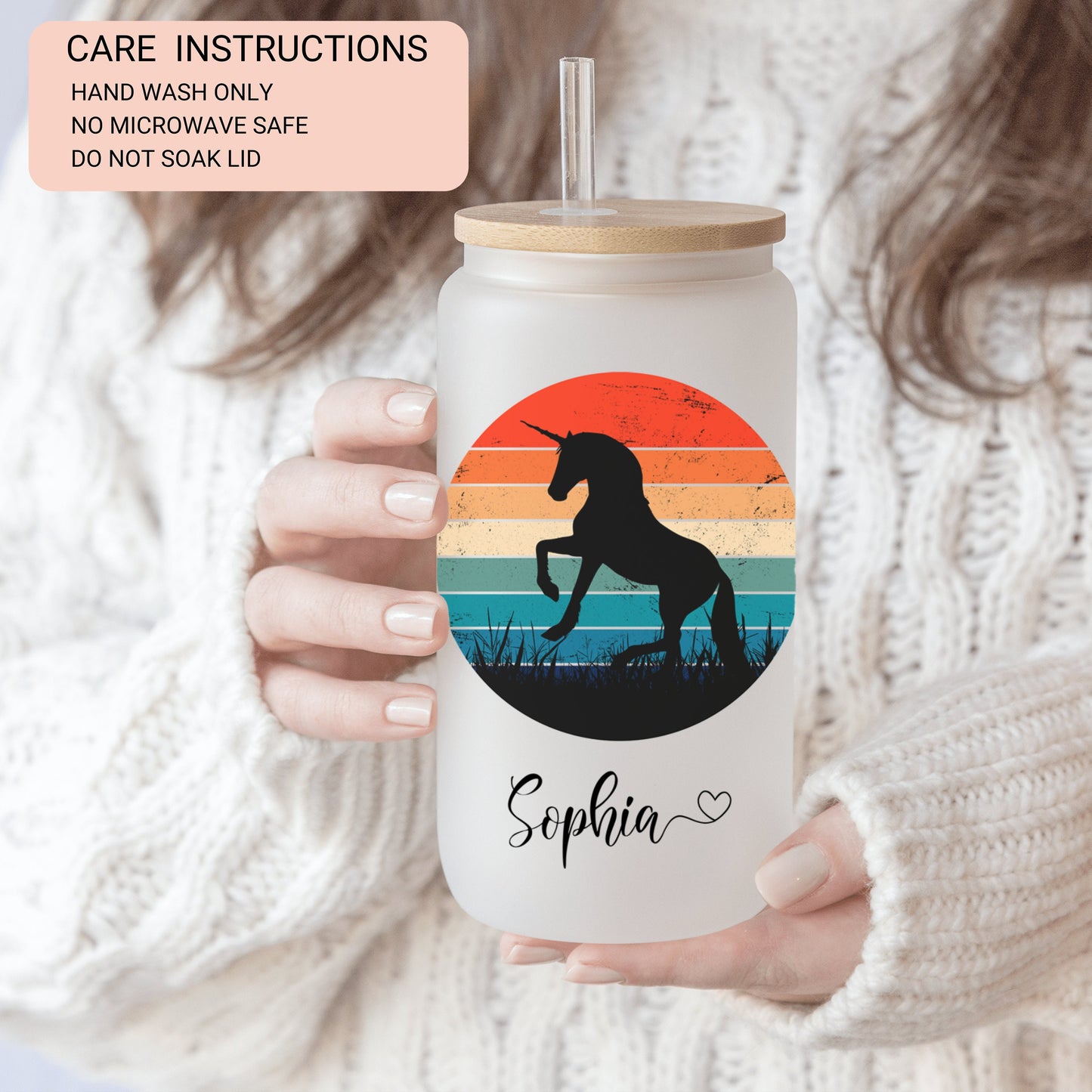 Personalized Unicorn Sunset Glass Cup - Custom Frosted Iced Coffee Tumbler