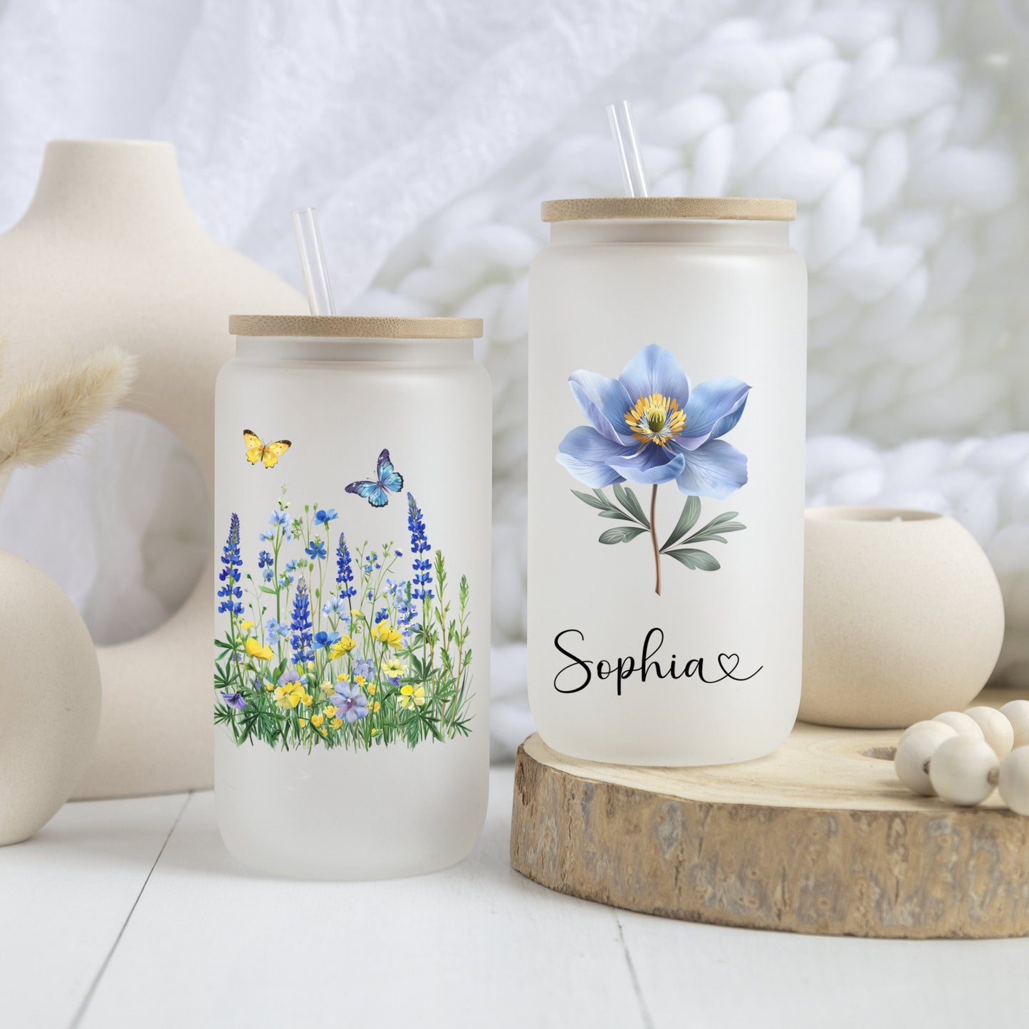 Personalized Wildflower Frosted Glass Cup - Custom Iced Coffee Tumbler
