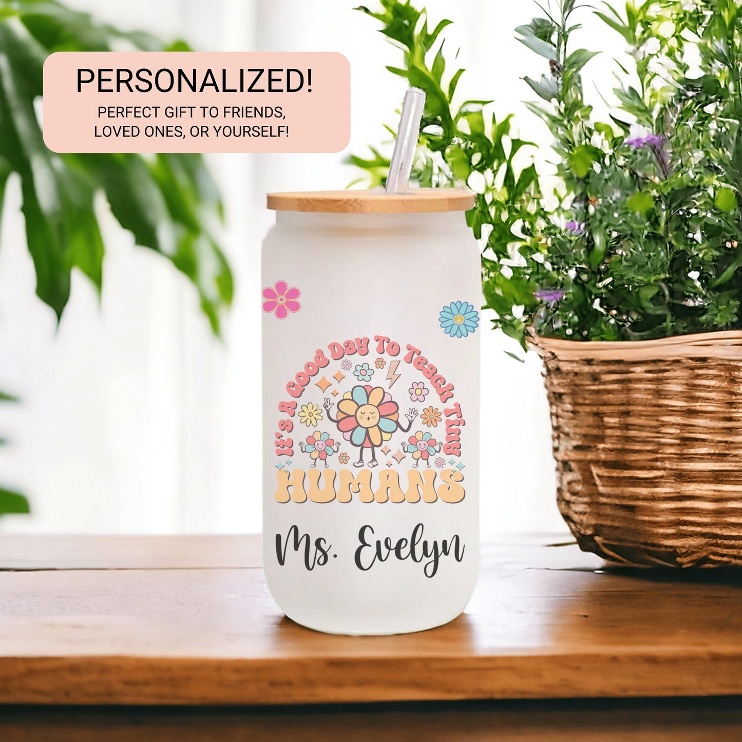 Personalized Teacher Frosted Glass Tumbler - Iced Coffee Cup for Tiny Humans