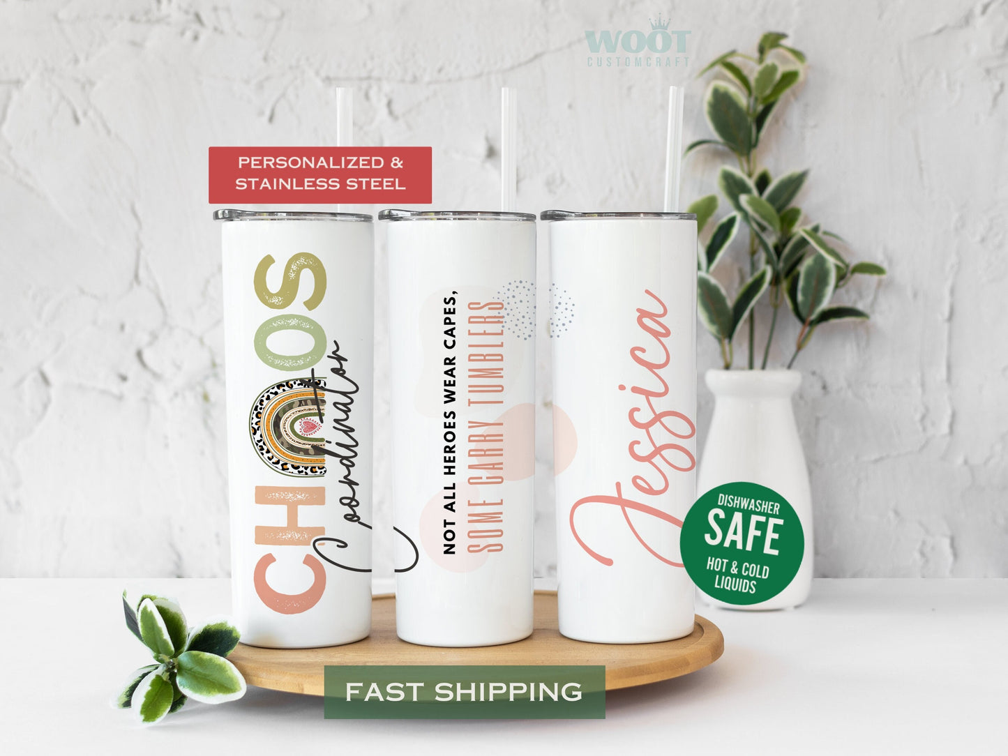 Three tumblers are showing all sides of a Chaos Coordinator Tumbler. There is a text that says Not all heroes wear capes, some carry tumblers and a personalized name.